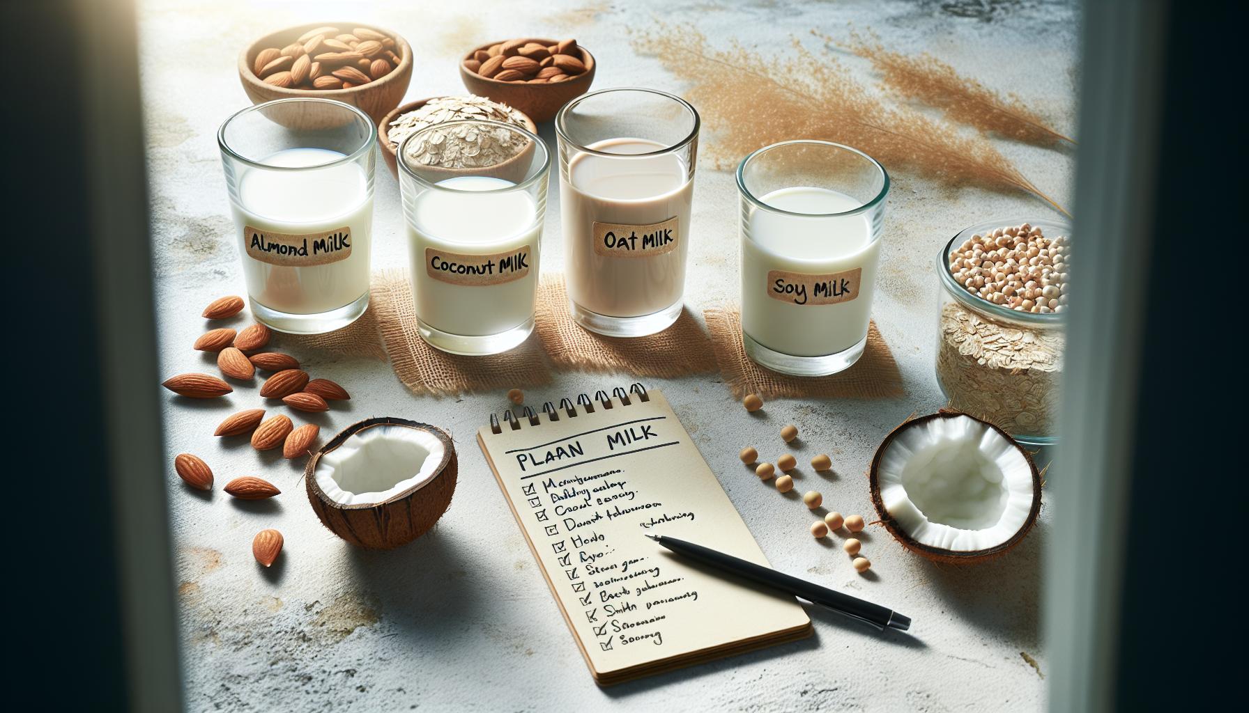 Un análisis de las diferentes leches vegetales sin gluten, incluyendo almendra, coco, avena, y soja, con sus propiedades nutricionales y usos